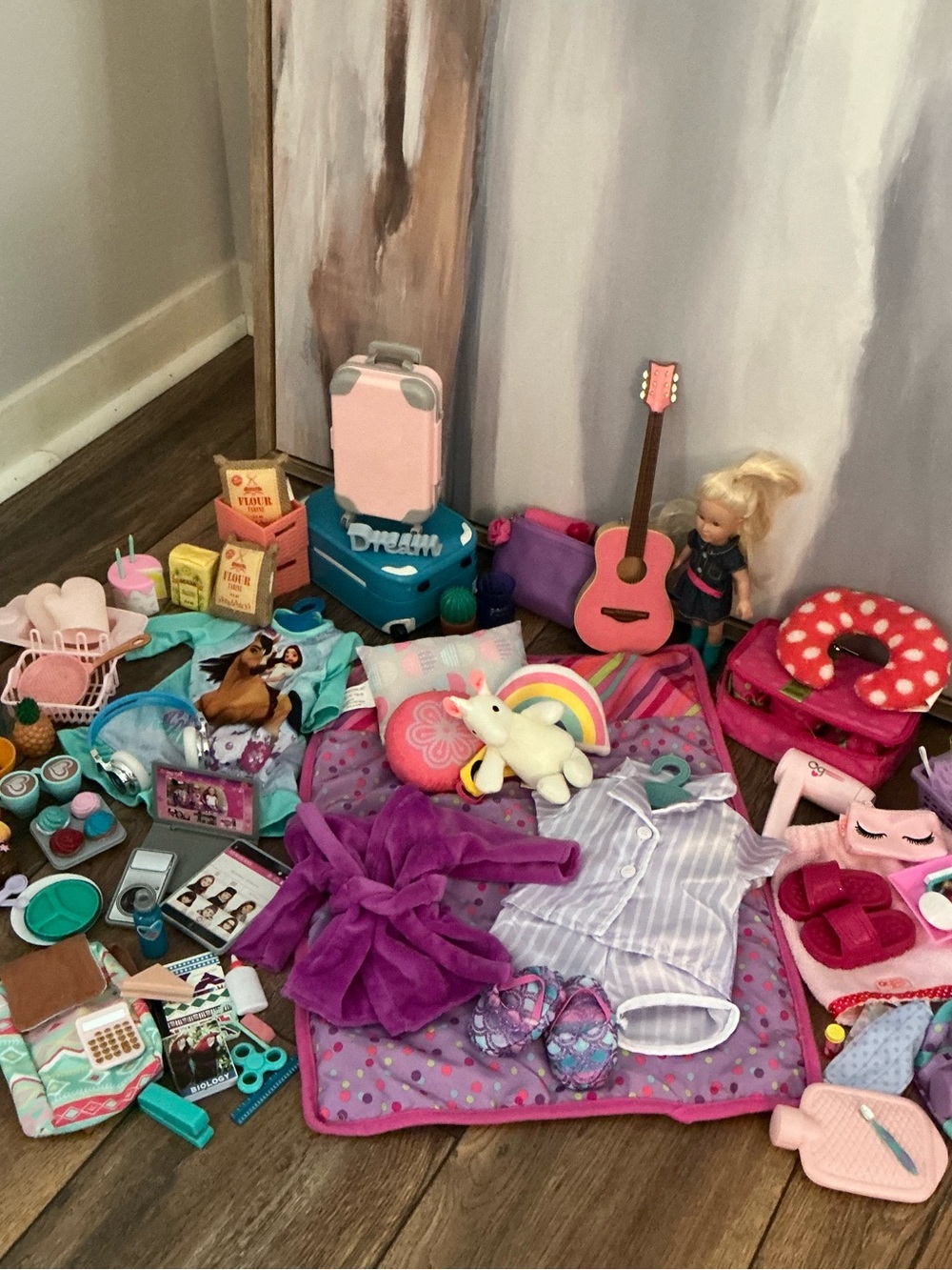 18" Doll Accessories Lot- Food, Luggage, Spa, School, Bedtime, Toys, Electronics